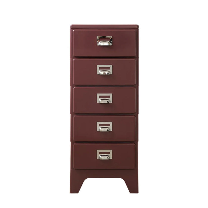 Red metal file cabinet with four drawers on a white background