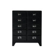 Black dresser with multiple drawers on a white background