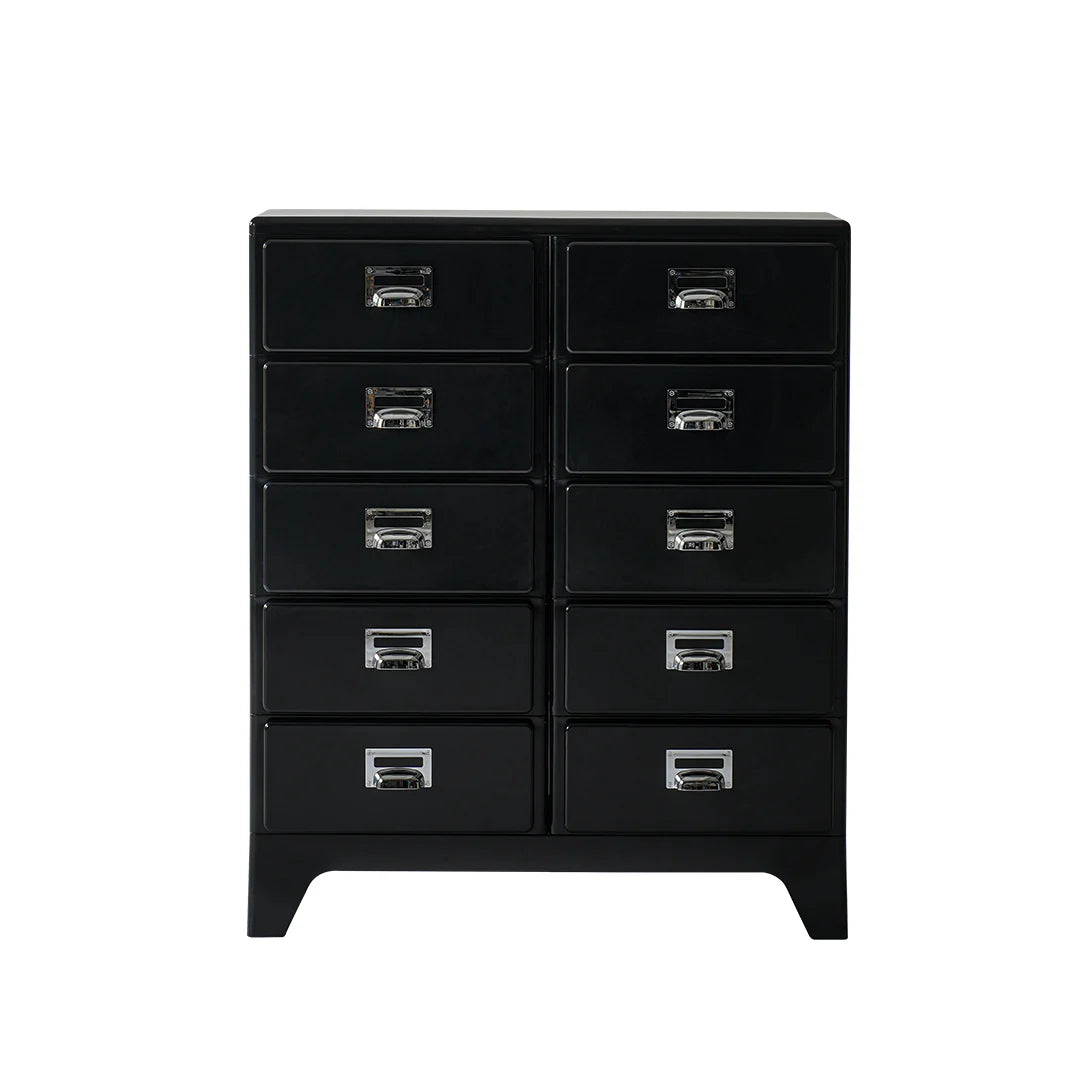 Black dresser with multiple drawers on a white background