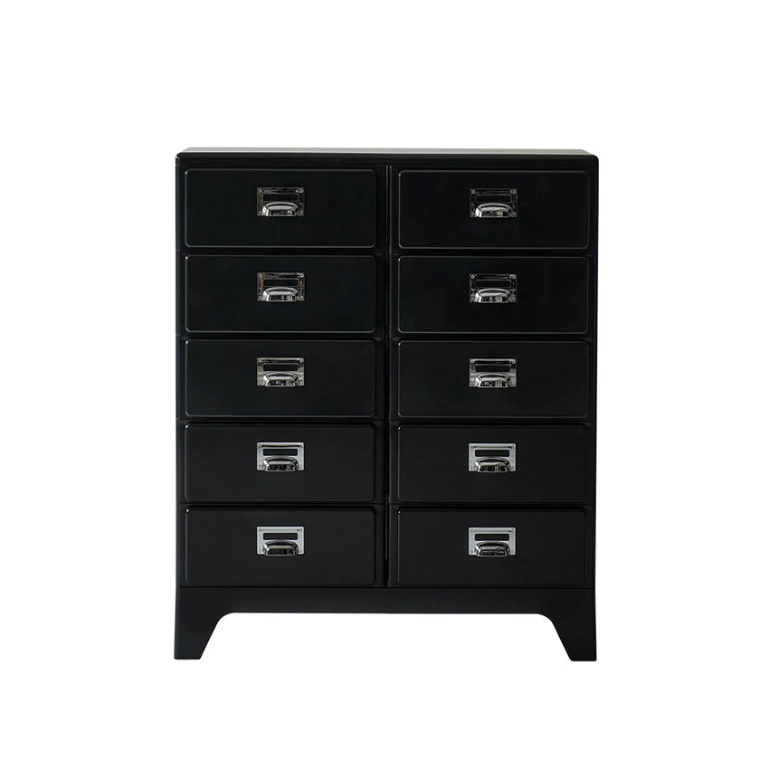Black dresser with multiple drawers on a white background