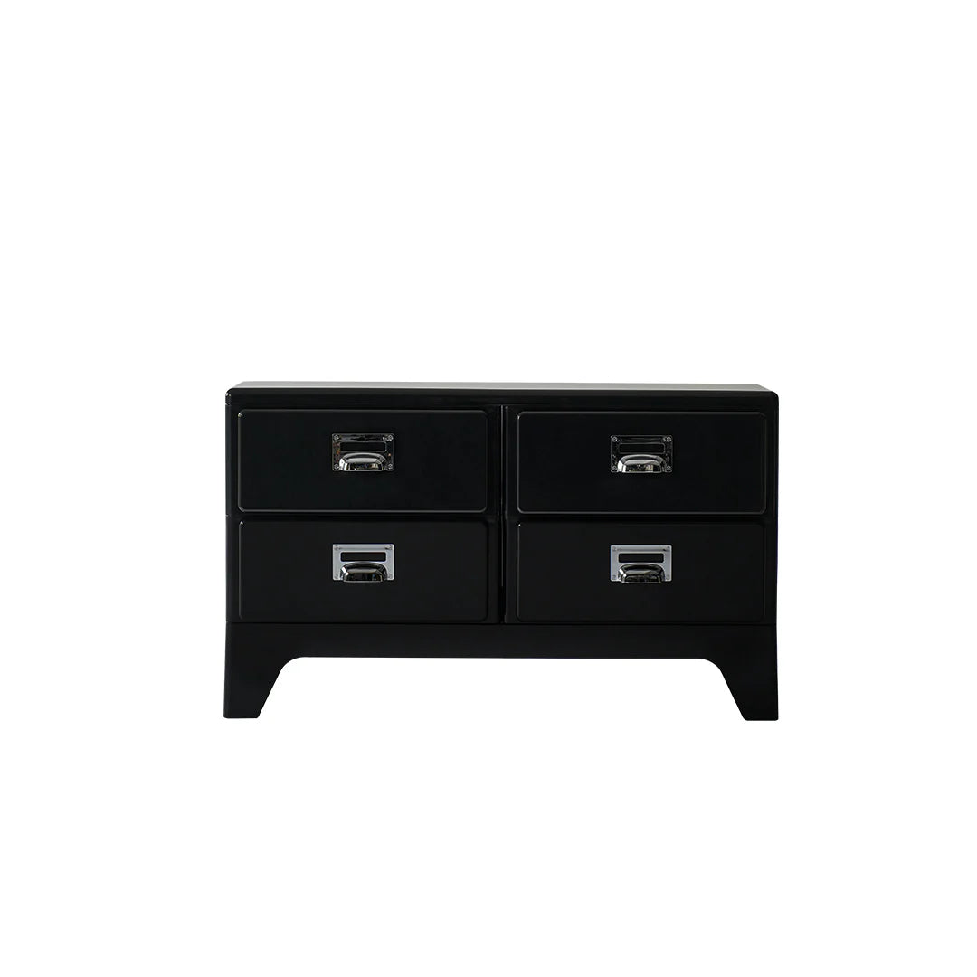 Black four-drawer nightstand on a white background