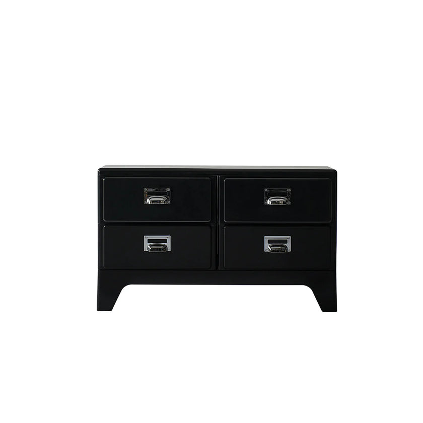 Black four-drawer nightstand on a white background