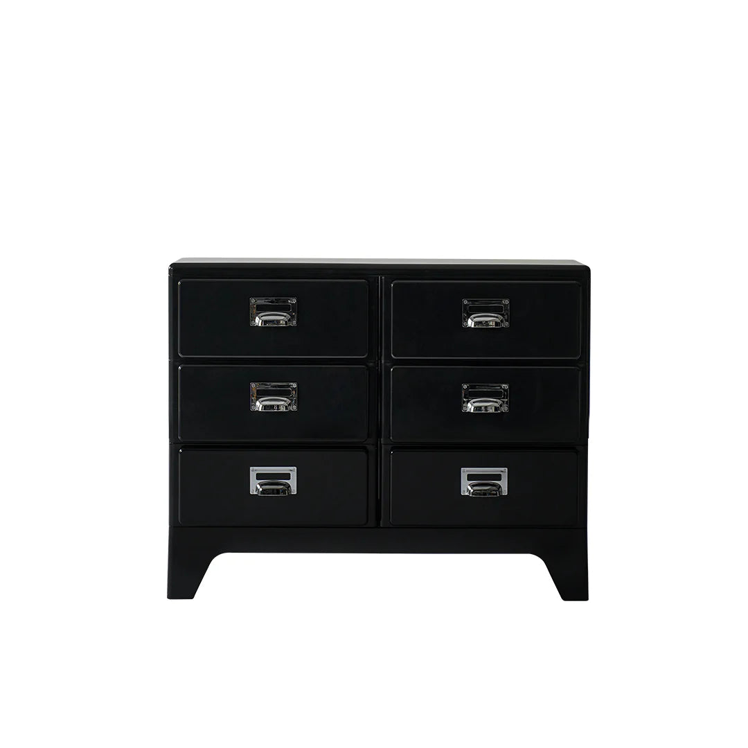 Black dresser with silver handles on a white background