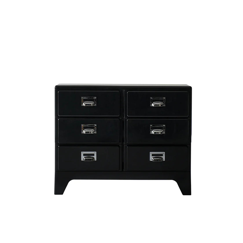 Black dresser with silver handles on a white background