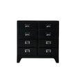Black dresser with multiple drawers on a white background