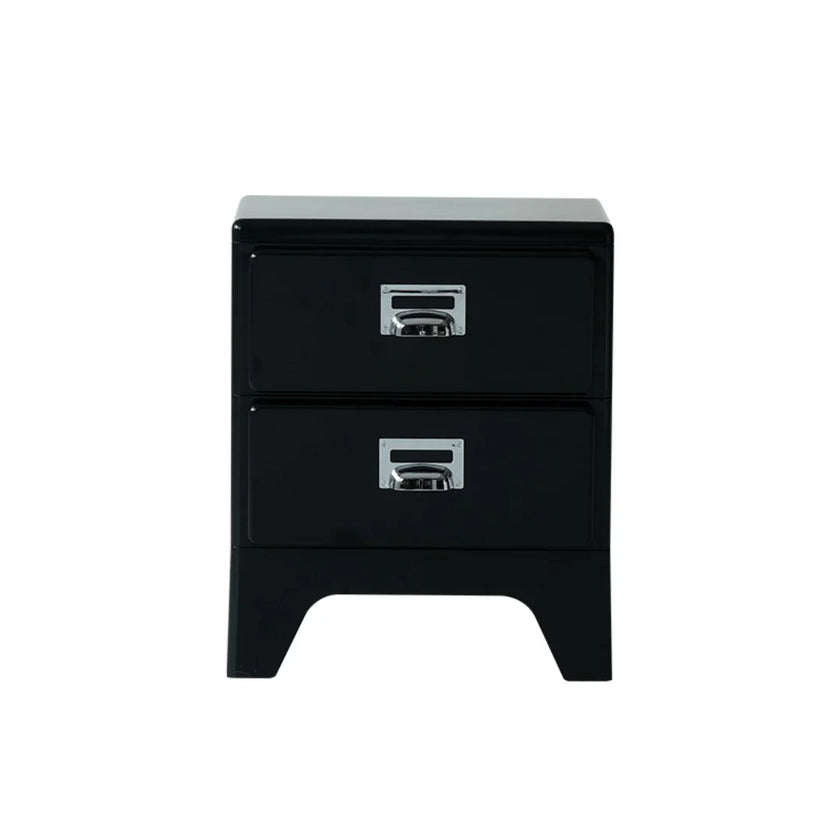 Black nightstand with two drawers on a white background