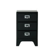 Black three-drawer filing cabinet with silver handles on a white background