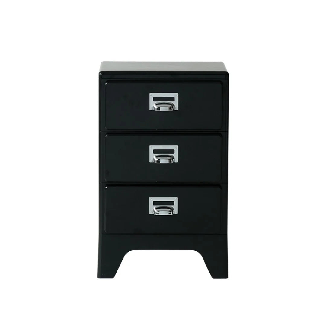 Black three-drawer filing cabinet with silver handles on a white background