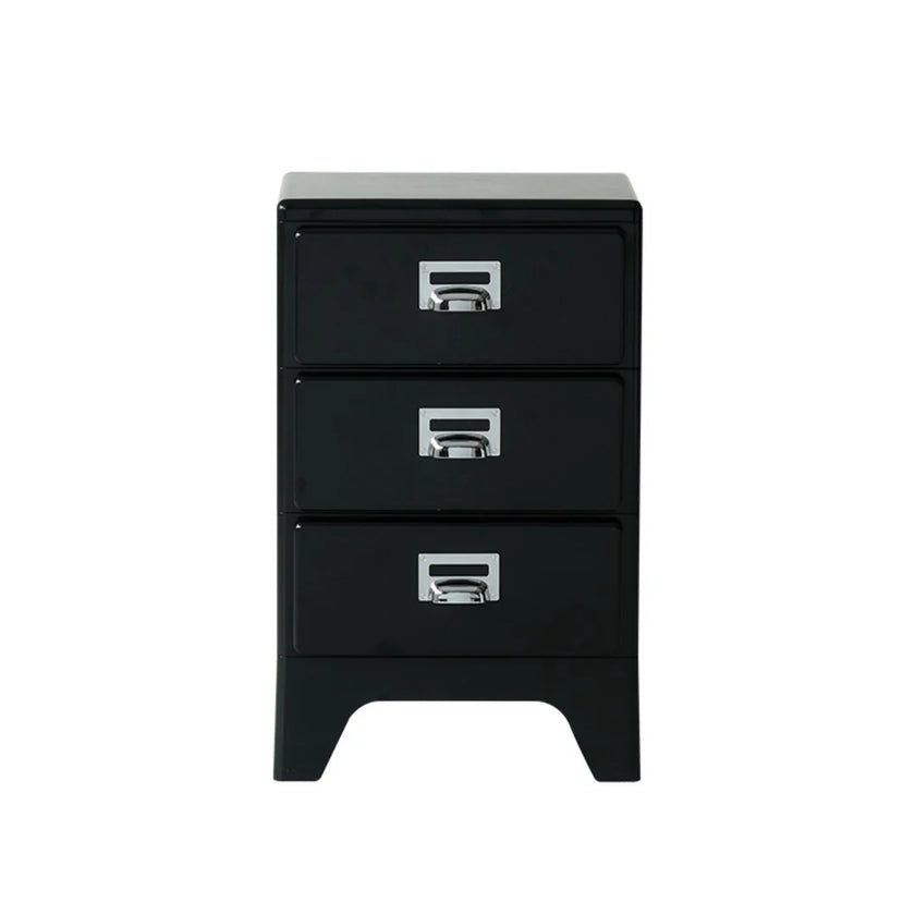Black three-drawer filing cabinet with silver handles on a white background