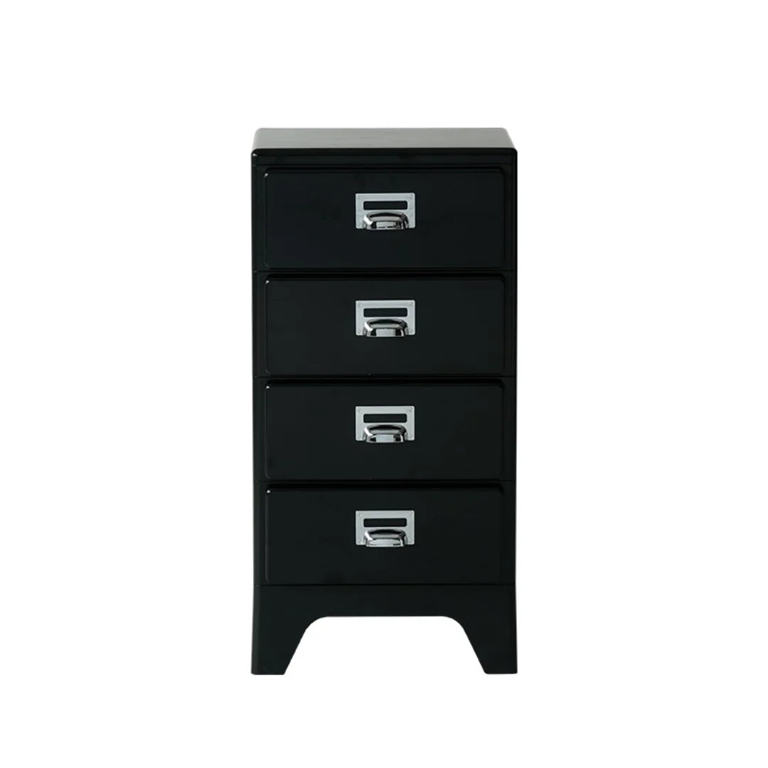 Black dresser with four drawers on a white background