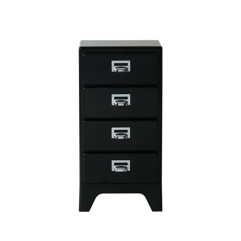 Black dresser with four drawers on a white background