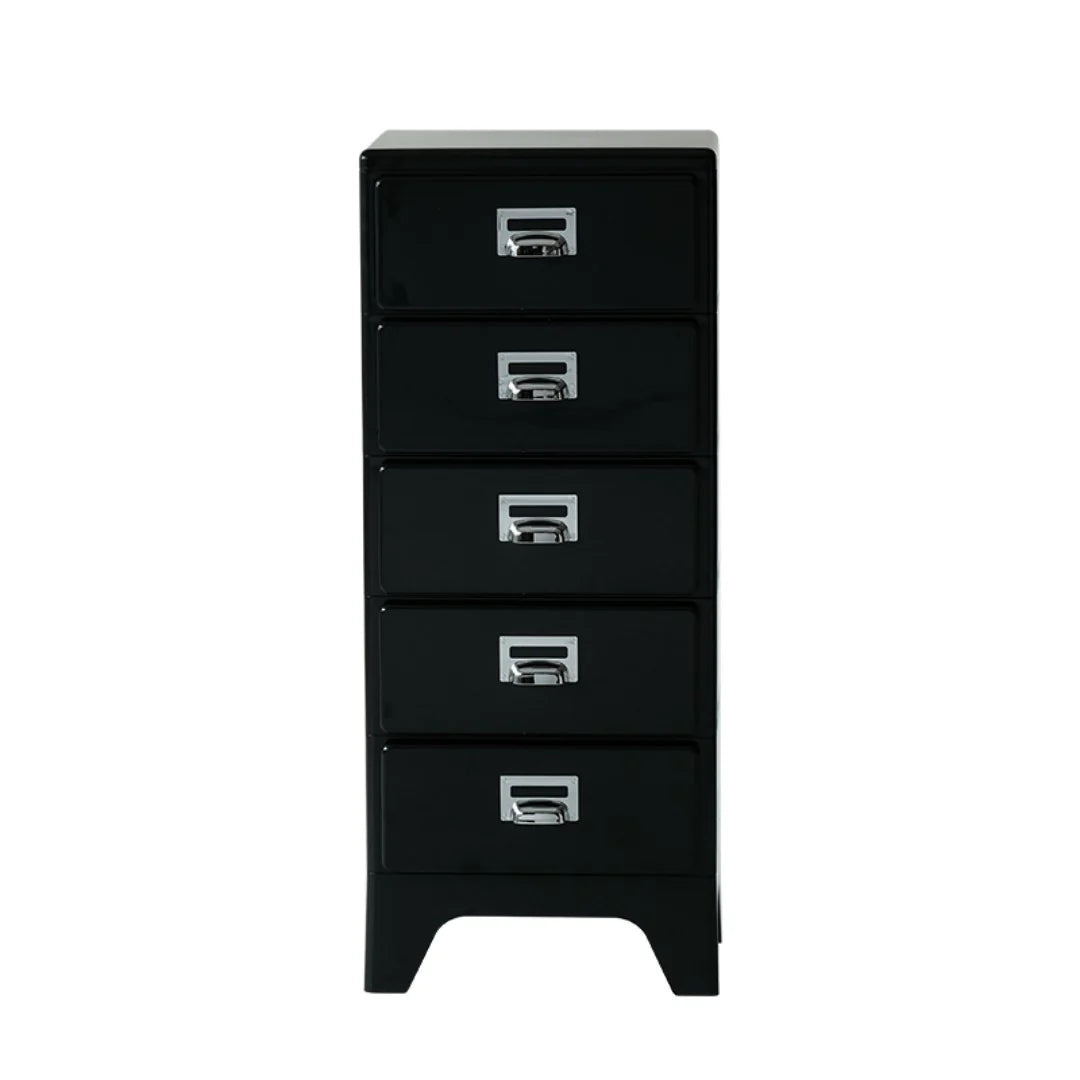 Black metal file cabinet with four drawers on a white background