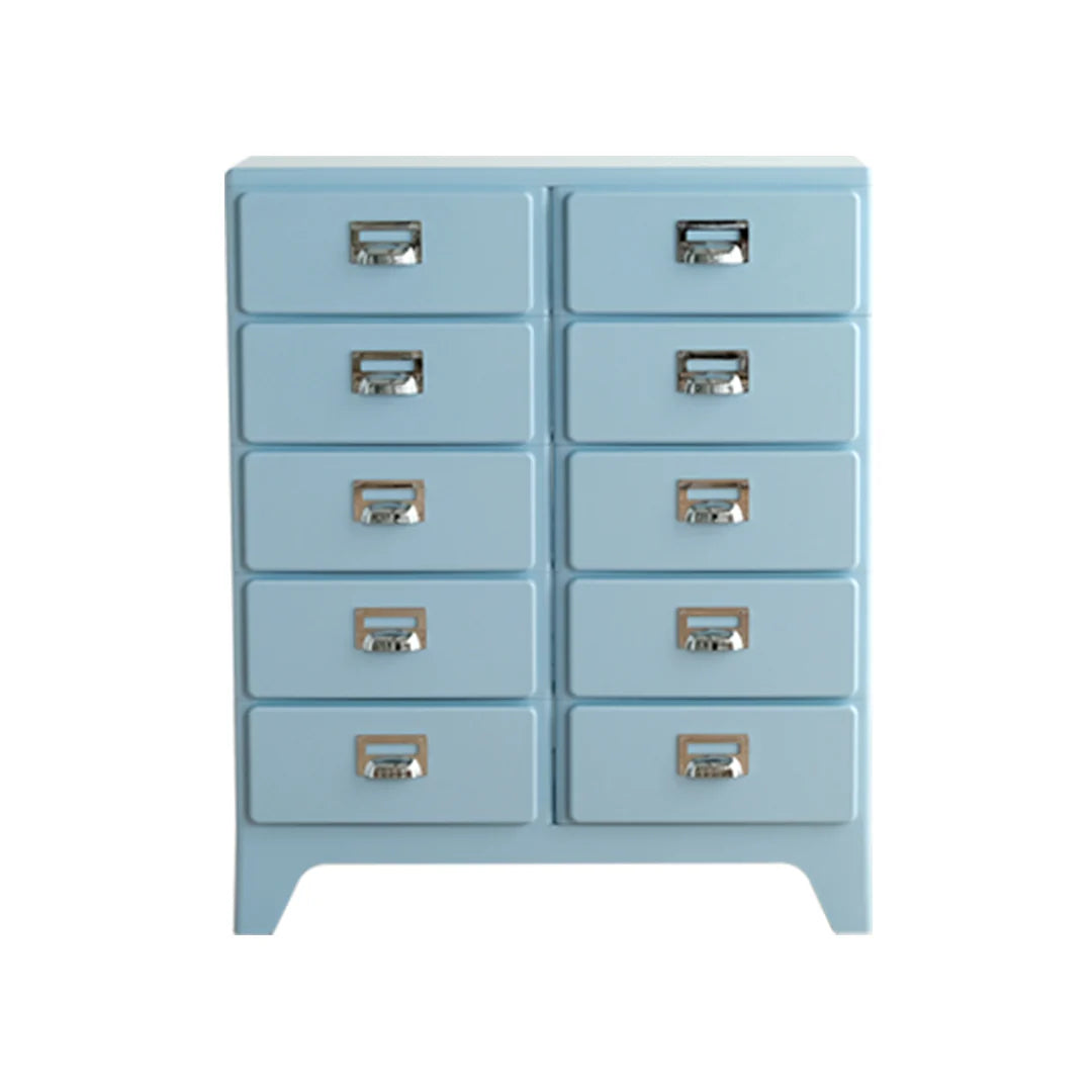 Light blue dresser with multiple drawers on a white background