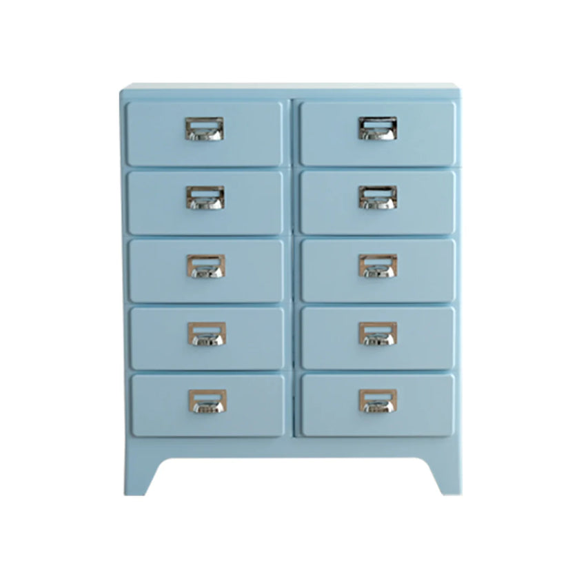 Light blue dresser with multiple drawers on a white background