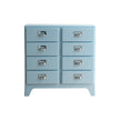 Light blue dresser with silver handles on a white background