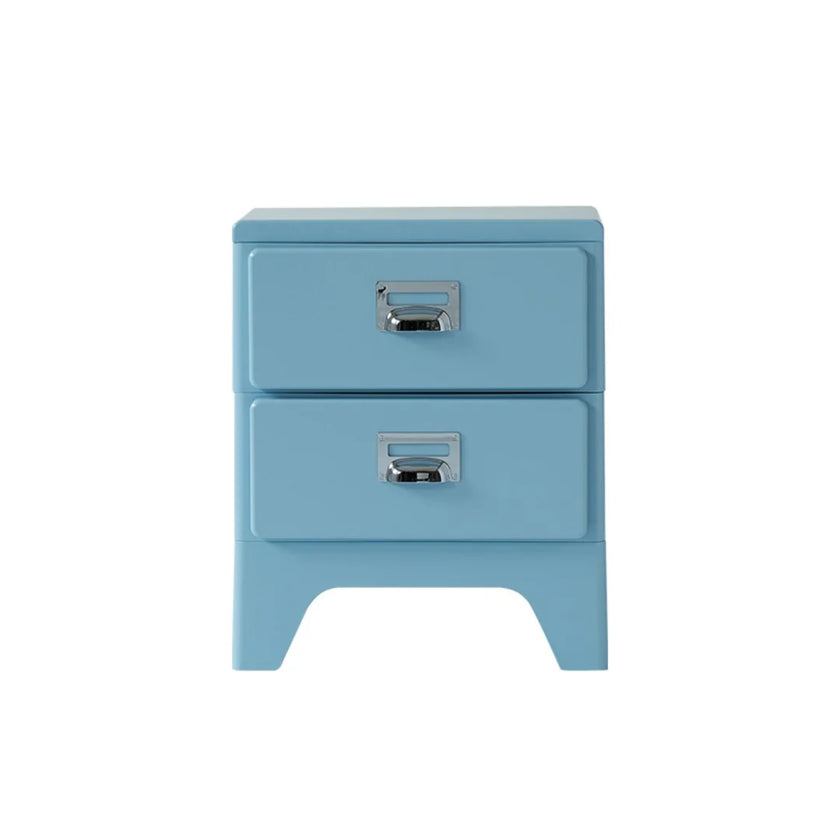 Blue nightstand with two drawers on a white background
