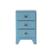 Blue three-drawer nightstand with metal handles on a white background