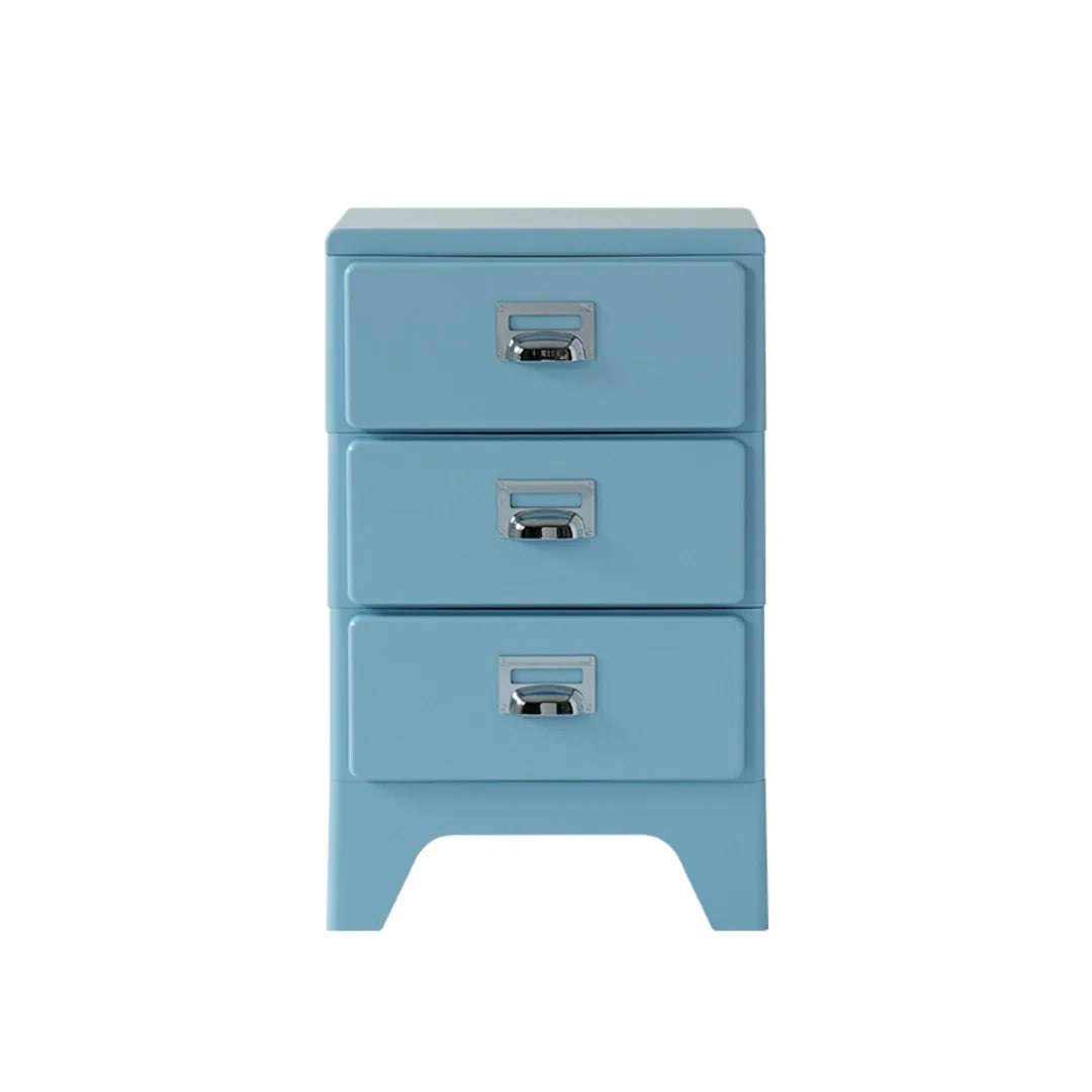 Blue three-drawer nightstand with metal handles on a white background
