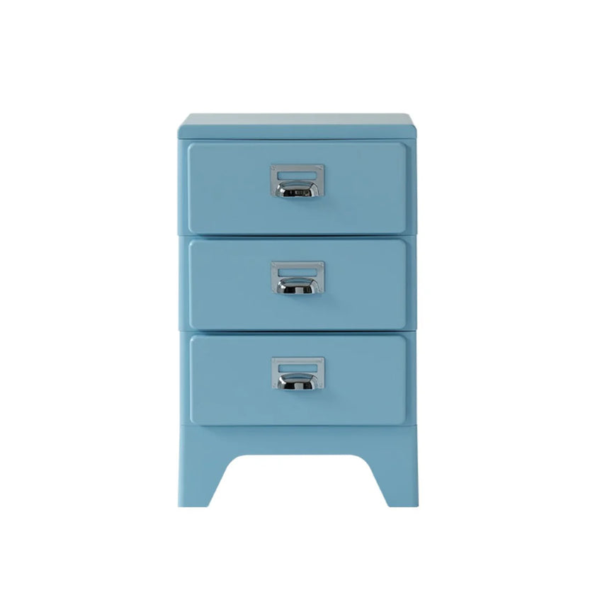 Blue three-drawer nightstand with metal handles on a white background