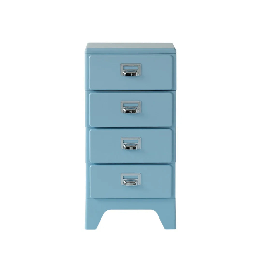 Blue four-drawer cabinet with silver handles on a white background