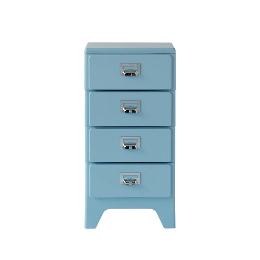Blue four-drawer cabinet with silver handles on a white background