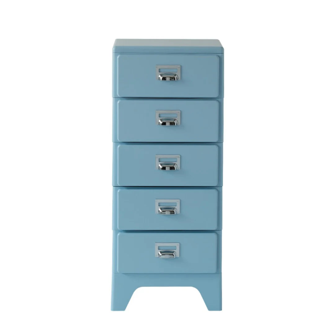 Blue metal cabinet with four drawers on a white background