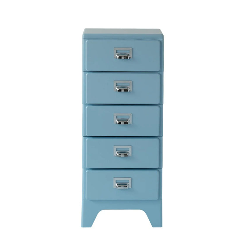 Blue metal cabinet with four drawers on a white background
