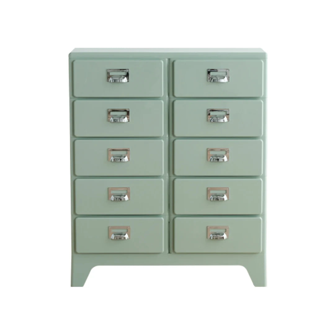 Light green metal cabinet with multiple drawers on a white background