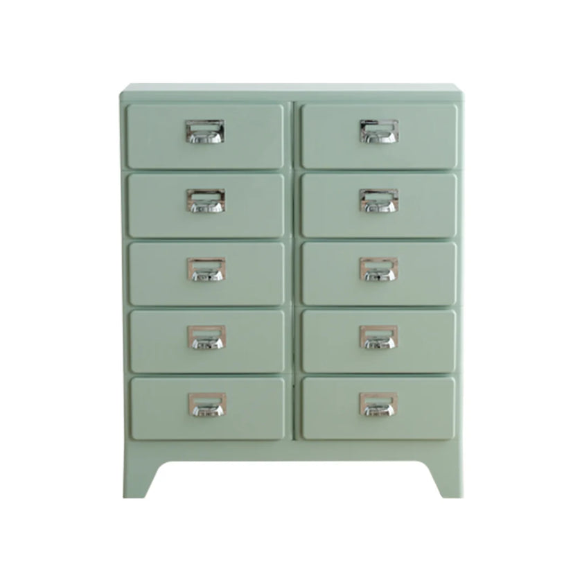 Light green metal cabinet with multiple drawers on a white background