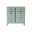 Light green dresser with multiple drawers on a white background