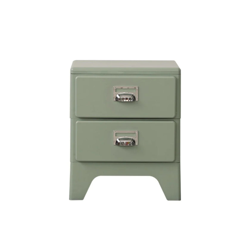 Green nightstand with two drawers on a white background