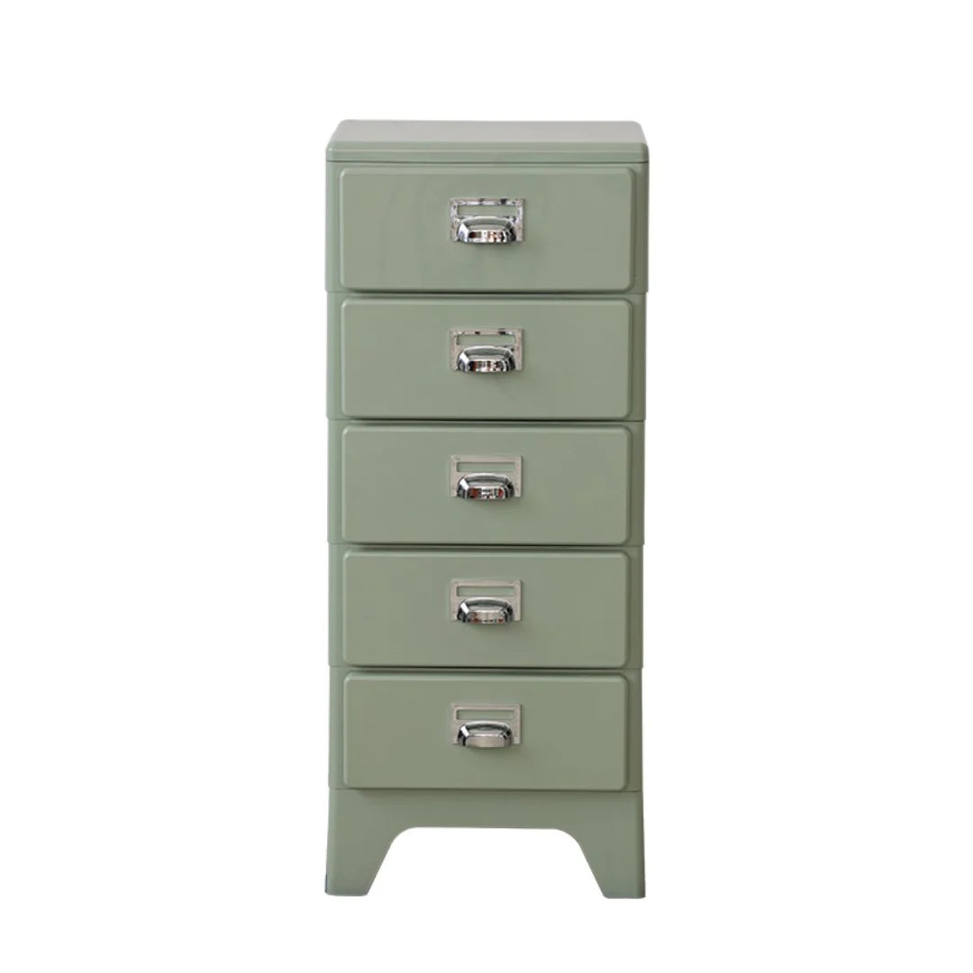 Green metal cabinet with four drawers on a white background