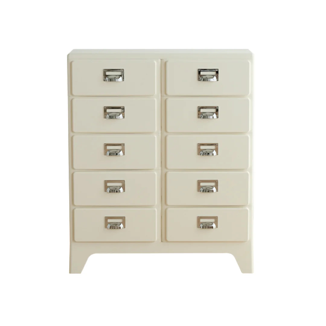 Beige dresser with multiple drawers on a white background