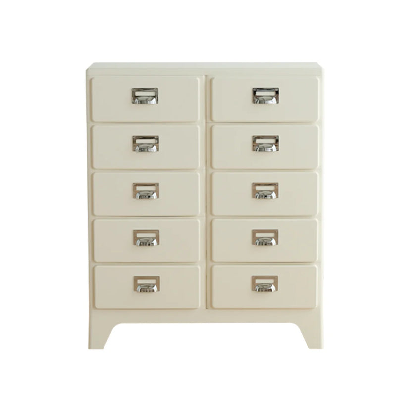 Beige dresser with multiple drawers on a white background