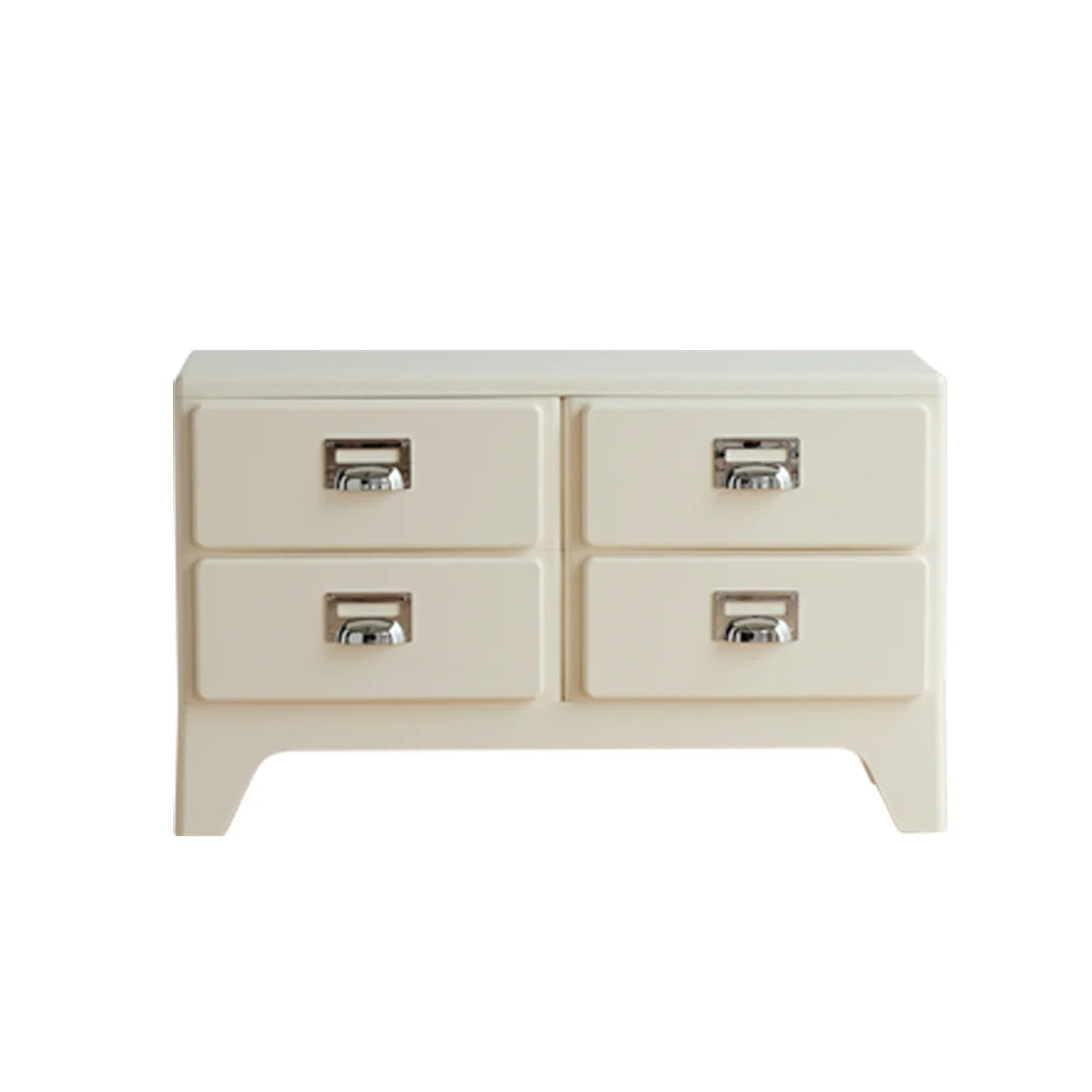 Beige dresser with four drawers on a white background