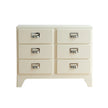 Beige dresser with six drawers on a white background