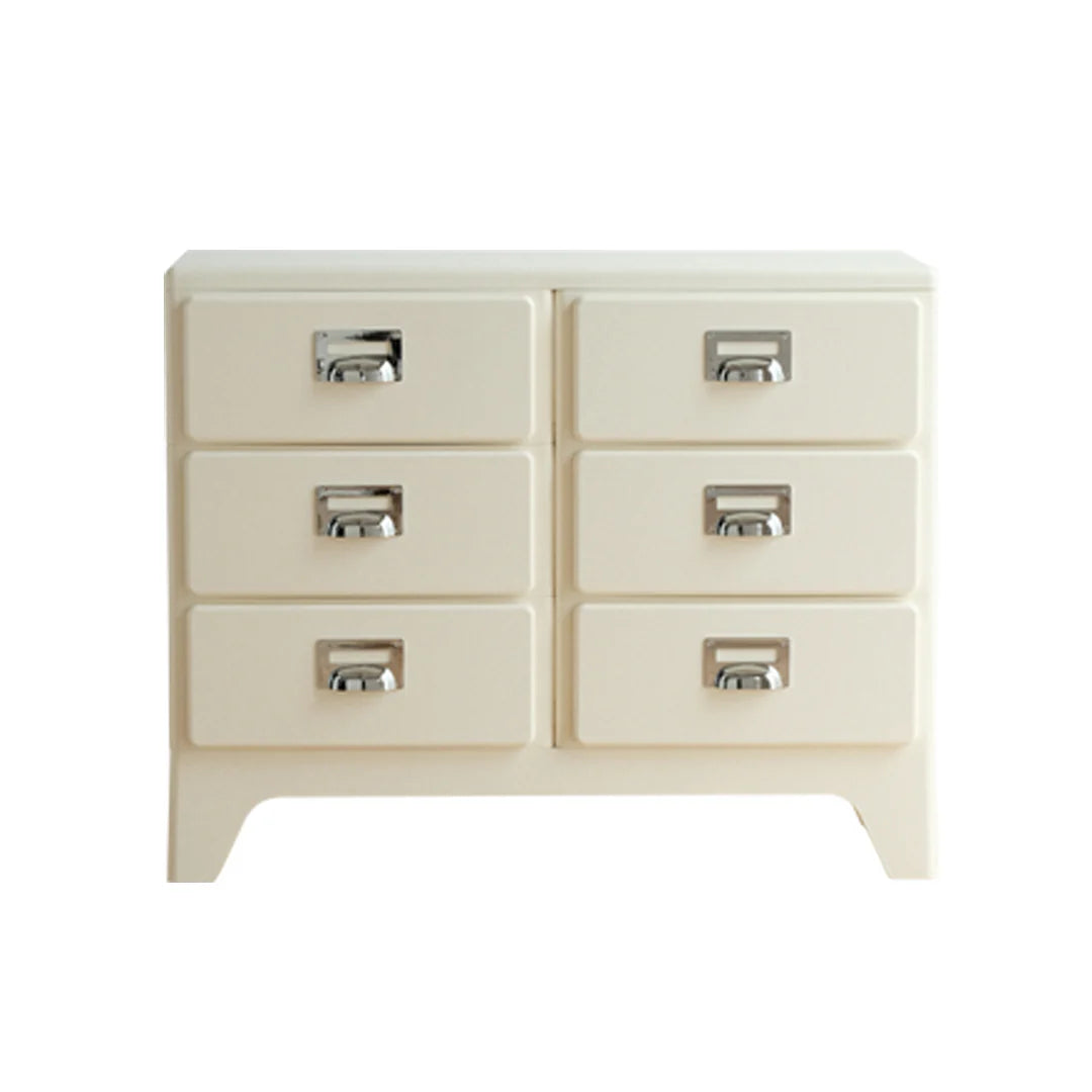Beige dresser with six drawers on a white background