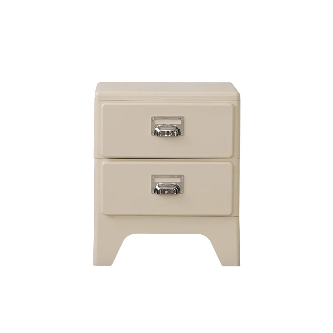 Beige nightstand with two drawers on a white background