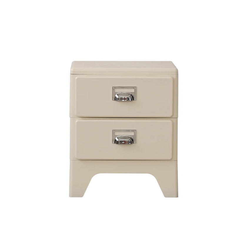 Beige nightstand with two drawers on a white background