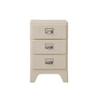 Beige nightstand with three drawers on a white background
