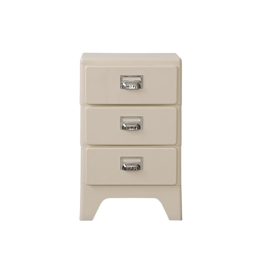 Beige nightstand with three drawers on a white background