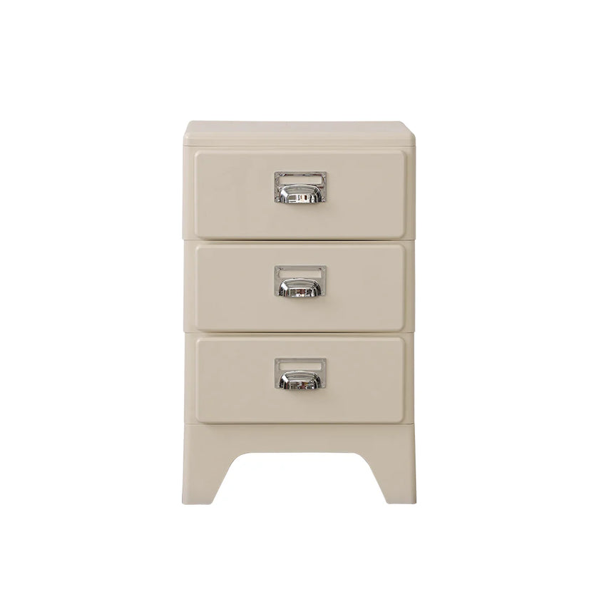 Beige nightstand with three drawers on a white background