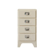 Beige four-drawer nightstand with metal handles on a white background