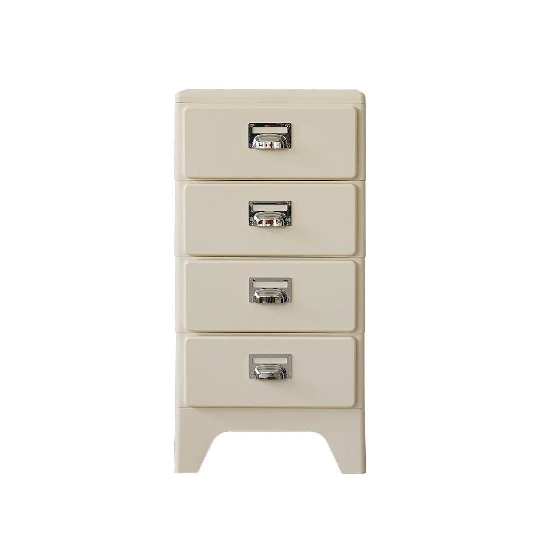 Beige four-drawer nightstand with metal handles on a white background