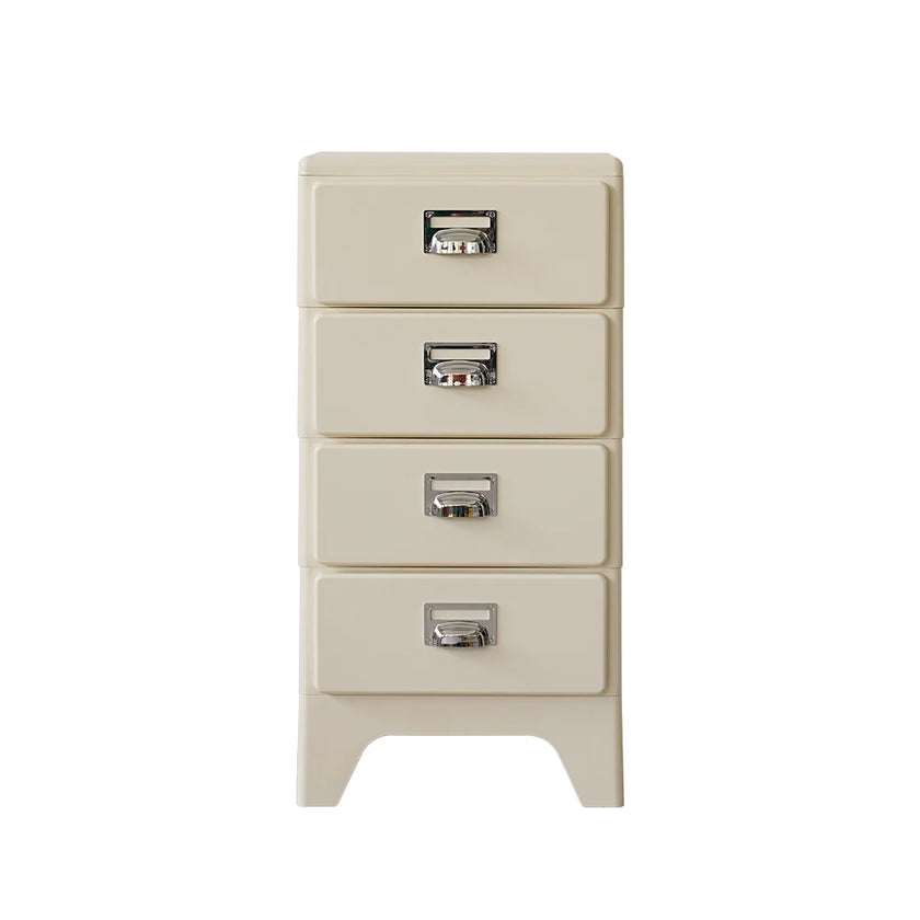 Beige four-drawer nightstand with metal handles on a white background