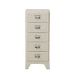 Beige chest of drawers with silver handles on a white background