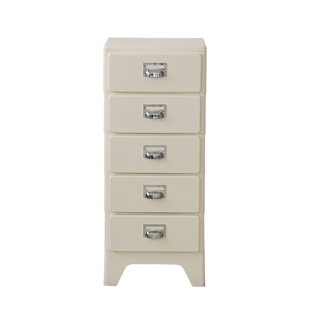 Beige chest of drawers with silver handles on a white background