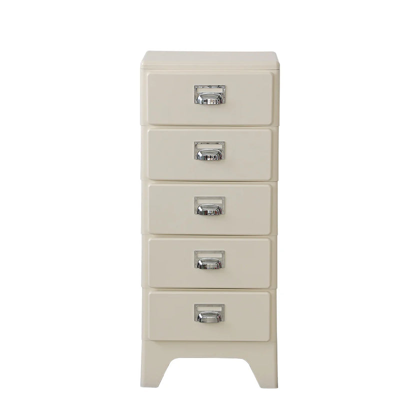 Beige chest of drawers with silver handles on a white background