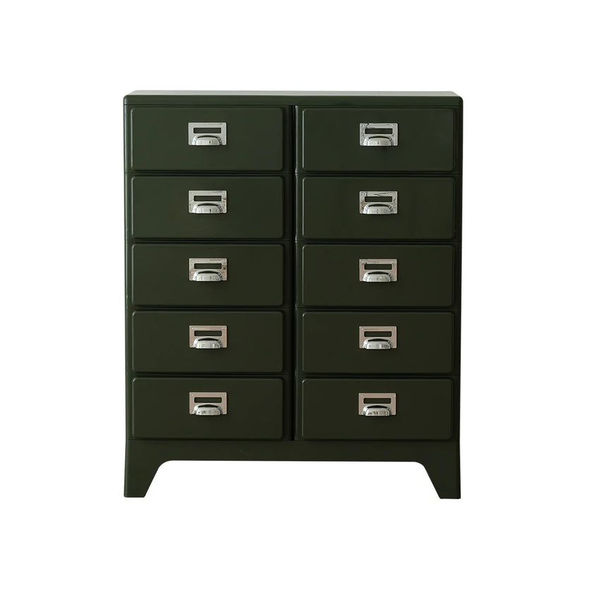Dark green dresser with multiple drawers on a white background