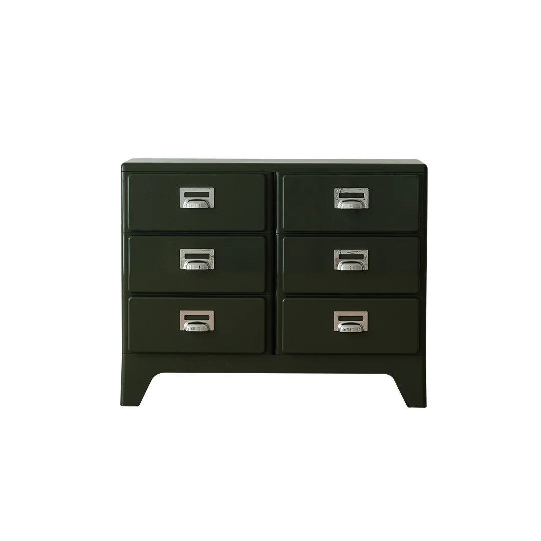 Black dresser with silver handles on a white background